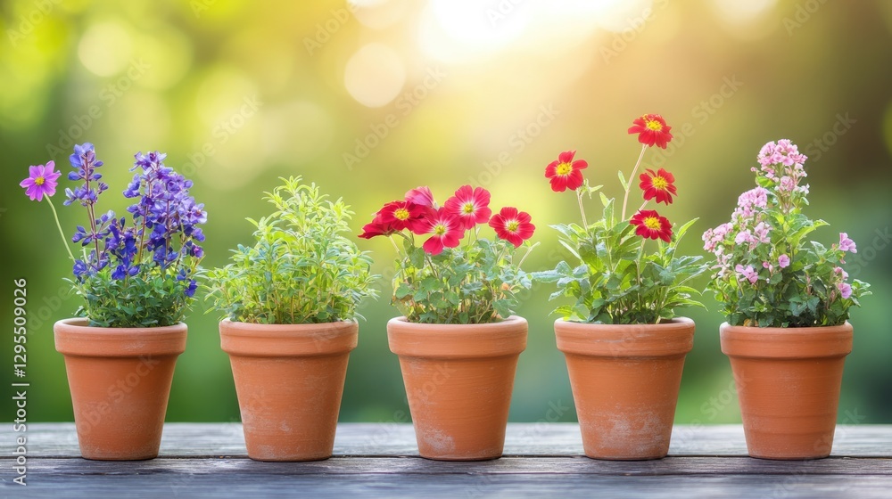 A neatly arranged line of flowering plants in ceramic pots. A neatly arranged line of flowering plants in ceramic pots.