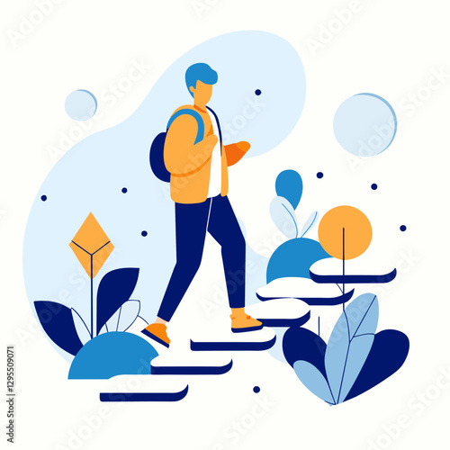 Young man hiking up steps in nature with backpack/hiking gear. Adventurous, male professional exploring natural area.