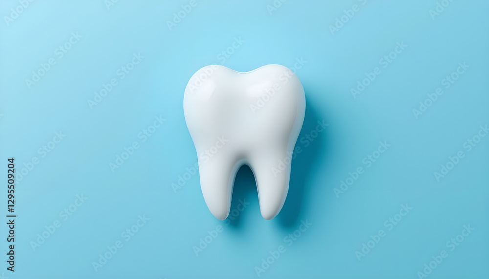 A pristine white tooth model against a light-blue background. A pristine white tooth model against a light-blue background.
