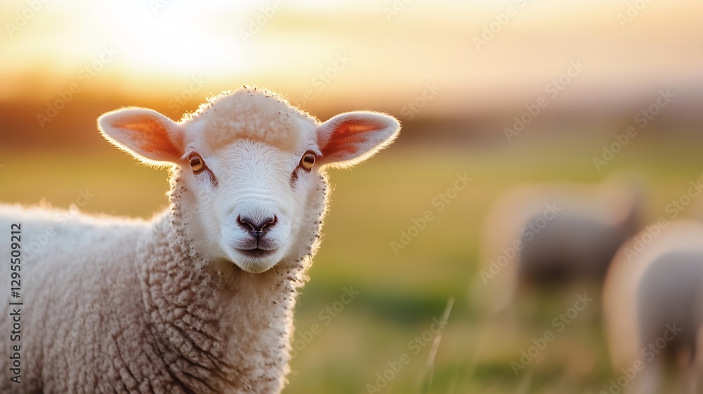 Charming sheep with a fluffy coat capturing the golden hour light in a tranquil pasture : Generative AI Charming sheep with a fluffy coat capturing the golden hour light in a tranquil pasture : Generative AI
