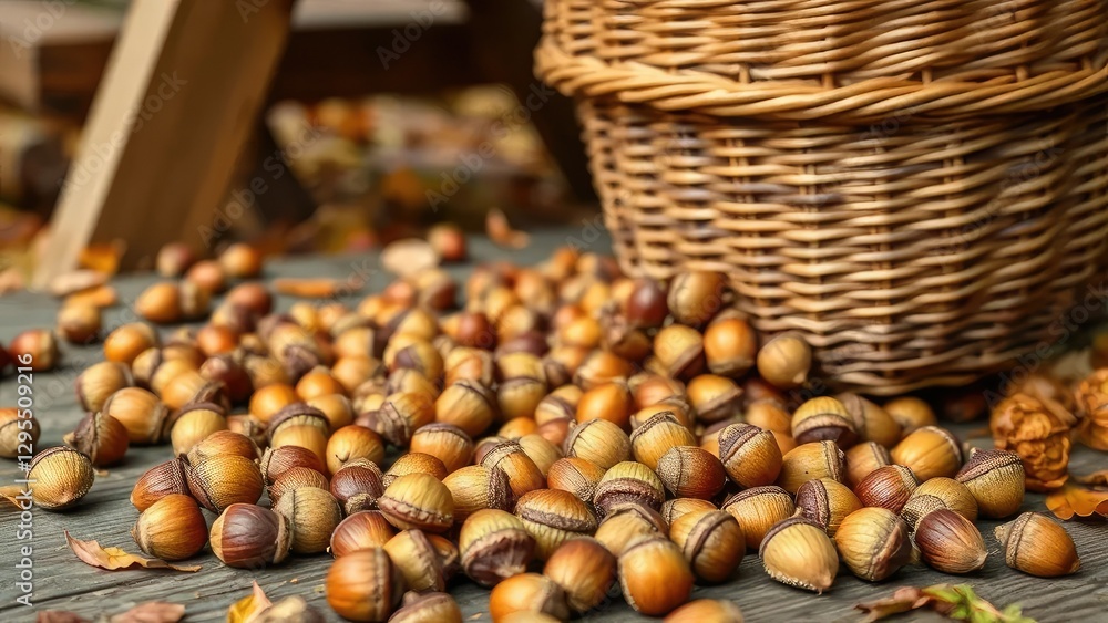 Acorns scattered around a wooden picnic table with a woven basket, wooden, leafy, autumn Acorns scattered around a wooden picnic table with a woven basket, wooden, leafy, autumn