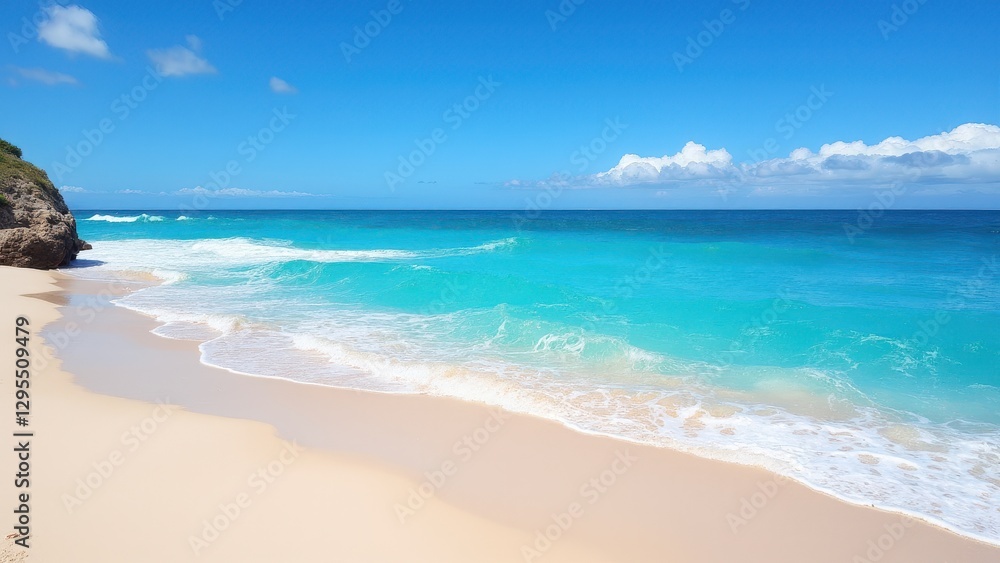 Sant Pere Beach with its pristine white sand, turquoise waters, and clear blue sky creates a picturesque and serene coastal scene. Sant Pere Beach with its pristine white sand, turquoise waters, and clear blue sky creates a picturesque and serene coastal scene.