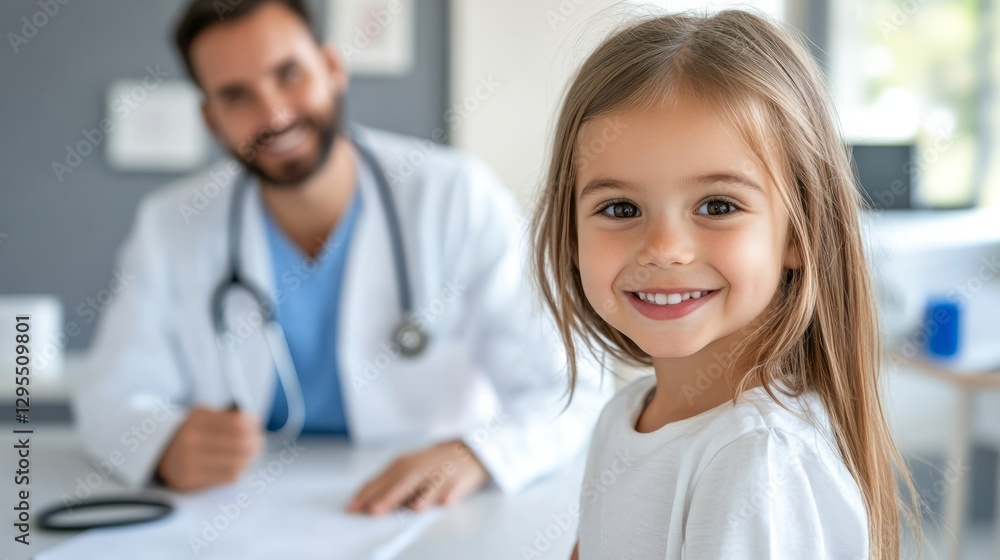 Cheerful young girl smiling at the camera while visiting a friendly doctor in a bright and inviting medical office for a check-up Cheerful young girl smiling at the camera while visiting a friendly doctor in a bright and inviting medical office for a check-up