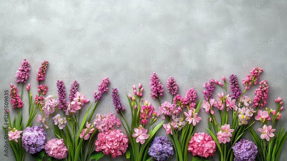 Obraz premium Floral Arrangement on Textured Gray Background with Pink and Purple Flowers for Springtime Design