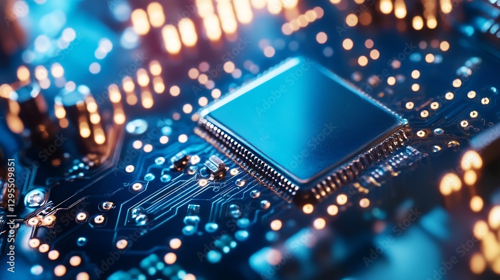 Obraz premium Closeup view of a computer microchip on a digital circuit board with glowing lights : Generative AI