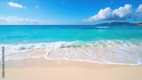 Obraz na płótnie Sant Pere Beach with its pristine white sand, turquoise waters, and gentle waves under a clear blue sky. w salonie