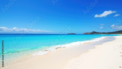 Wallpaper Mural Sant Pere Beach features pristine white sand, crystal-clear turquoise waters, and a serene, cloud-dotted sky, creating a picturesque and tranquil coastal scene Torontodigital.ca
