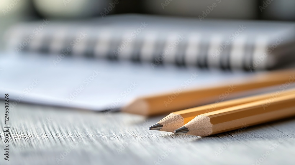 Fototapeta premium Close Up of Wooden Desk with Yellow Pencils and Open Notebook on a Table : Generative AI