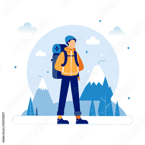 Adult male hiker in winter clothing standing amidst a snowy mountain landscape. Adventurous posture with mountain backdrop. Male outdoor enthusiast in the scenic mountains -
