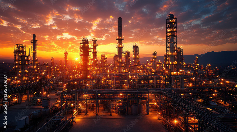 Fototapeta premium Sunset over a Saudi Arabian oil refinery, glowing industrial lights, silhouette of distillation towers