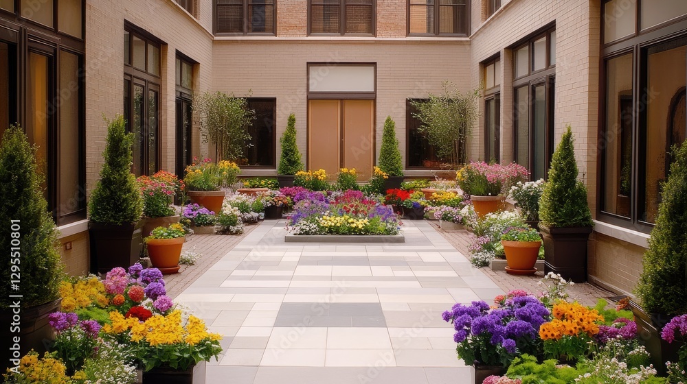 A peaceful courtyard garden with neatly arranged flower pots. A peaceful courtyard garden with neatly arranged flower pots.