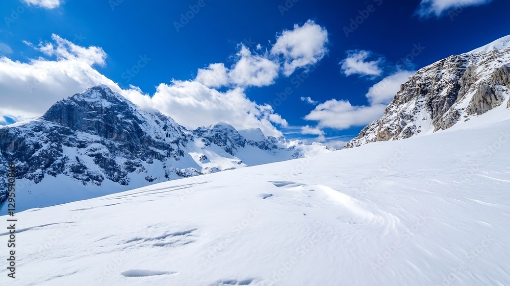 Majestic snow capped mountains reflect sunlight under a bright blue sky filled with fluffy clouds : Generative AI Majestic snow capped mountains reflect sunlight under a bright blue sky filled with fluffy clouds : Generative AI