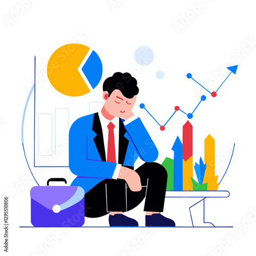 Businessman slumped over business reports in a pensive pose with graphs and charts. Male professional in a business suit sits dejectedly in an office environment.