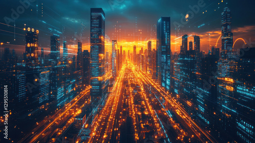 Symbolic image representing Saudi Arabia's economy, industrial buildings merging with futuristic digital elements, finance graphs overlayed on city skyline
