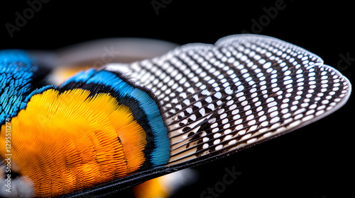 Detailed Close-up of Beetle Wing Casing: Black, White, Blue and Yellow Hues photo