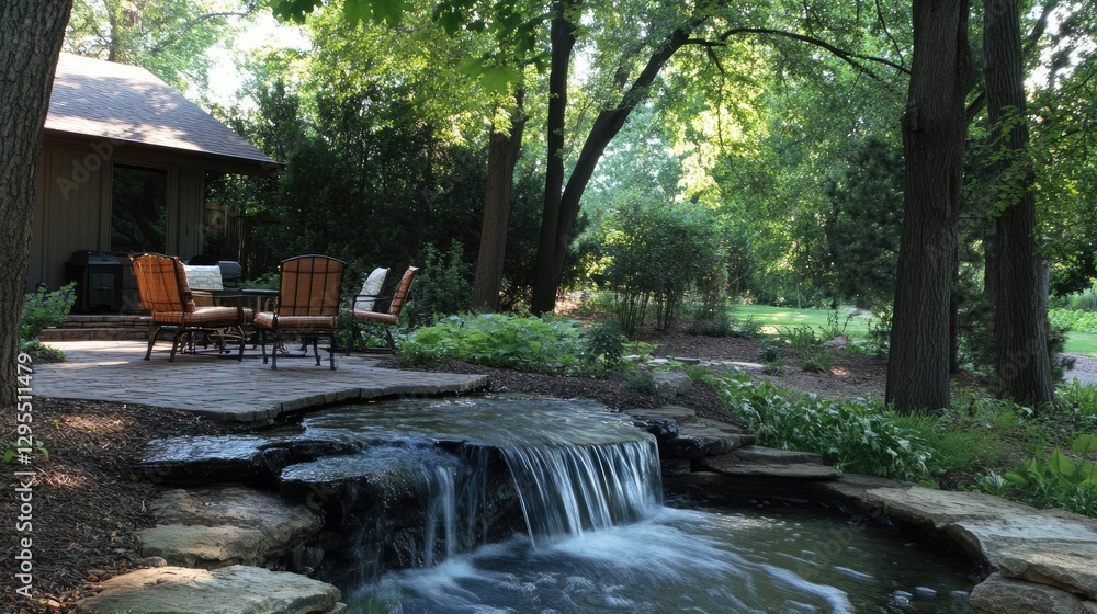 Naklejka premium A peaceful patio area connected to a modern black granite waterfall installation.