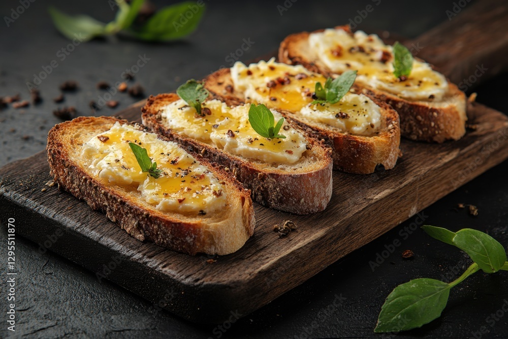 Toasted bread slices topped with creamy cheese honey and fresh basil leaves on rustic wooden board culinary delight gourmet appetizer Toasted bread slices topped with creamy cheese honey and fresh basil leaves on rustic wooden board culinary delight gourmet appetizer