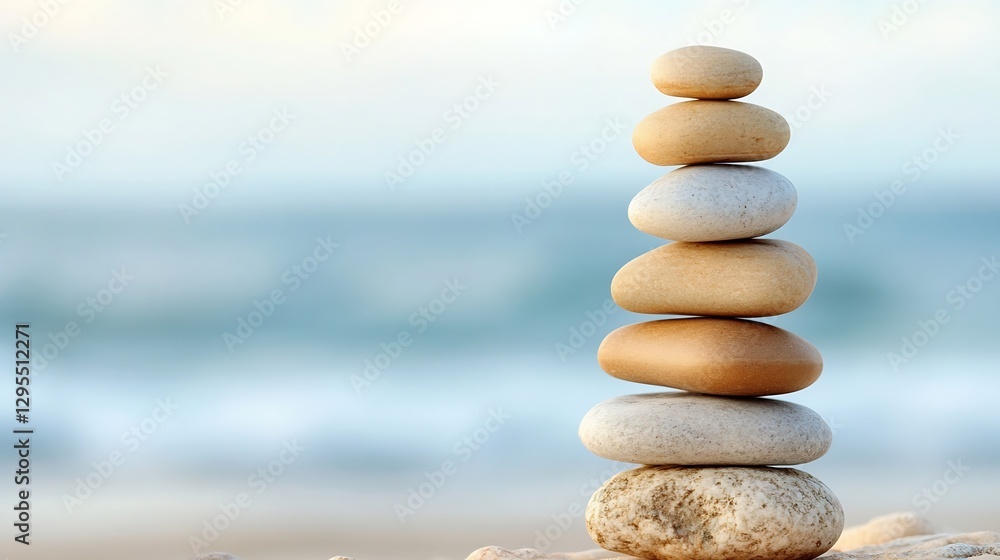 Balanced Stack of Smooth Pebbles on Sandy Beach with Calm Ocean Waves in the Background Promoting Serenity and Mindfulness : Generative AI Balanced Stack of Smooth Pebbles on Sandy Beach with Calm Ocean Waves in the Background Promoting Serenity and Mindfulness : Generative AI