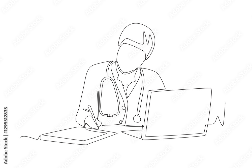 The doctor is filling out the clinic documents. Filling out clinic paperwork concept one-line drawing The doctor is filling out the clinic documents. Filling out clinic paperwork concept one-line drawing