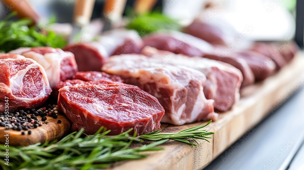 Fresh cuts of raw meat neatly arranged on a wooden board accompanied by herbs and spices for cooking : Generative AI Fresh cuts of raw meat neatly arranged on a wooden board accompanied by herbs and spices for cooking : Generative AI