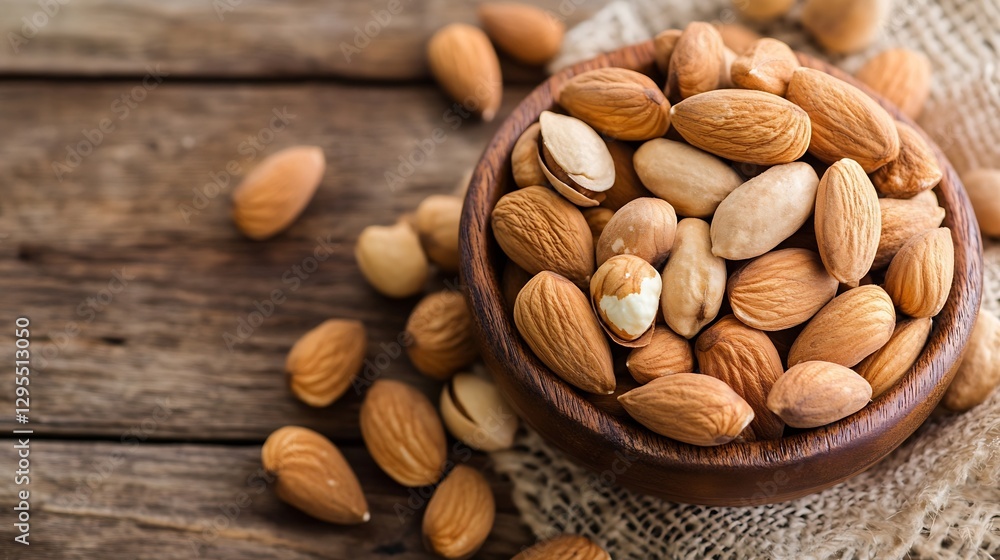 Delicious and Healthy Almonds in a Rustic Wooden Bowl on a Natural Background : Generative AI Delicious and Healthy Almonds in a Rustic Wooden Bowl on a Natural Background : Generative AI