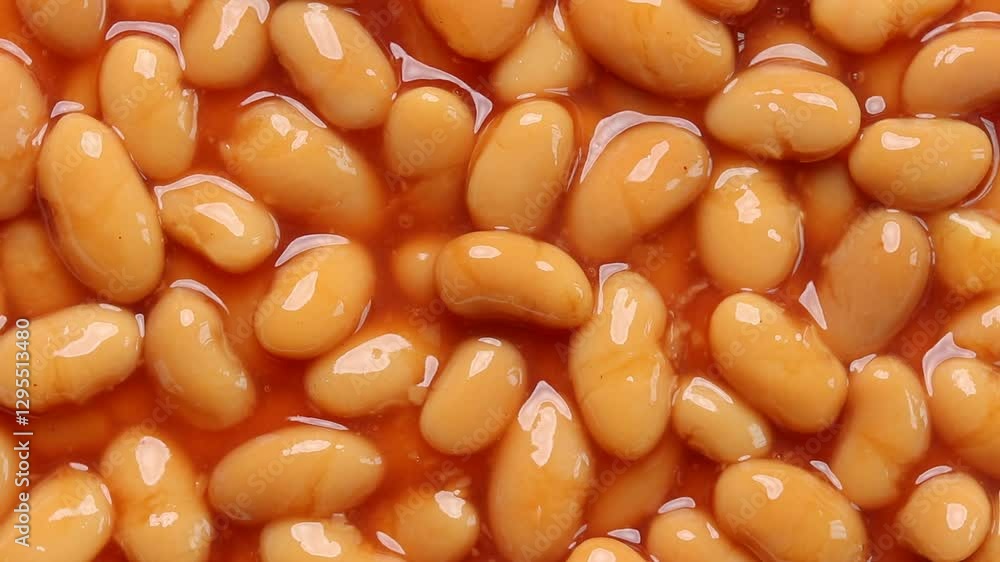 Baked beans in tomato sauce rotating. Top view Baked beans in tomato sauce rotating. Top view