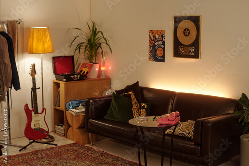 Cozy living room featuring a guitar, retro decorations, and a warm lighting scheme Creating nostalgic atmosphere with vinyl records and classic furniture showcasing personal style