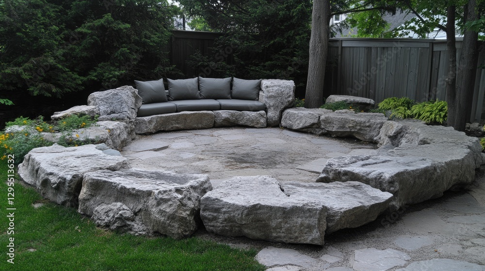 A rock garden surrounding a cozy outdoor seating area. A rock garden surrounding a cozy outdoor seating area.