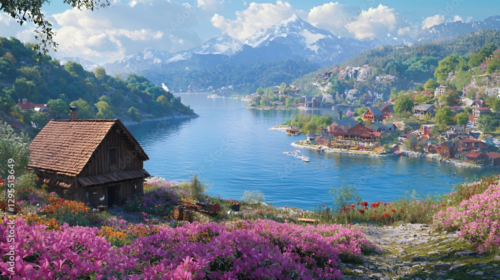 Naklejka premium Picturesque Lakeside Village nestled among Lush Green Mountains and Blooming Flowers