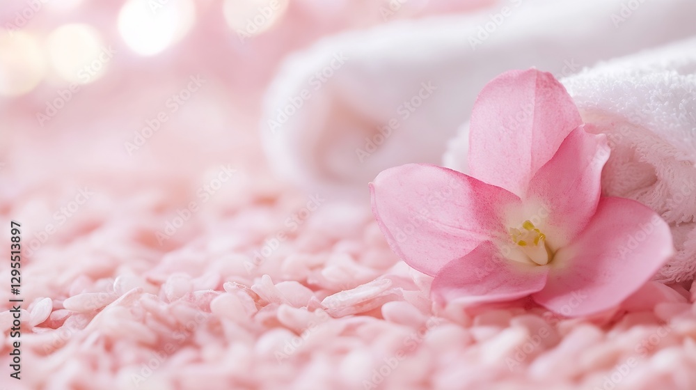 Delicate Pink Flower on Soft Towels Surrounded by Pink Bath Salts Creating Inviting Spa Atmosphere : Generative AI Delicate Pink Flower on Soft Towels Surrounded by Pink Bath Salts Creating Inviting Spa Atmosphere : Generative AI