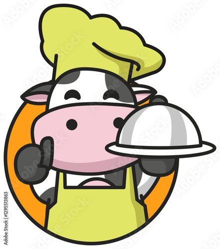 Cute cow chef holding a tray vector mascot