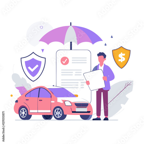 A man in a business suit examines car insurance documents, standing next to a pink car under an umbrella, symbolizing protection.