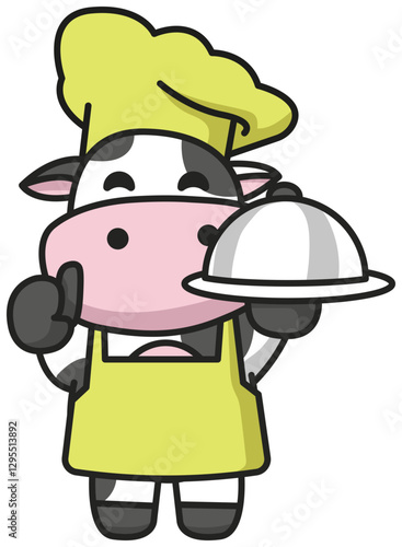 Cute cow chef holding a tray vector mascot