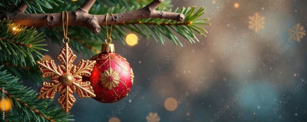 Obraz premium Ornate metal ornaments in gold finish shaped like snowflakes and animals hanging on a wooden branch, shape, gold, animal