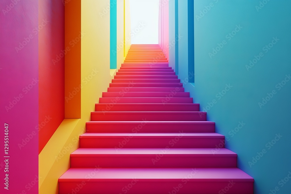 Vibrant minimalistic 3d geometric background featuring stairs with dynamic volumetric lighting Vibrant minimalistic 3d geometric background featuring stairs with dynamic volumetric lighting