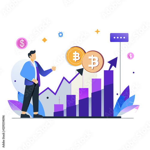 Businessman in light-blue suit presenting bitcoin investment growth chart in a modern, flat style. Male professional explaining investment opportunities in digital currencies.