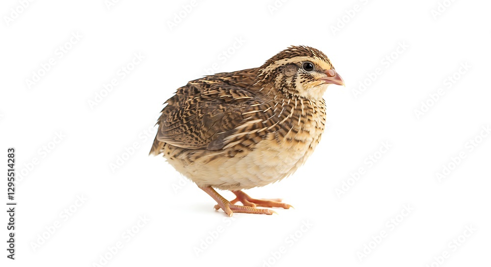 A charming quail standing still, its tiny crest visible against a clean white background A charming quail standing still, its tiny crest visible against a clean white background