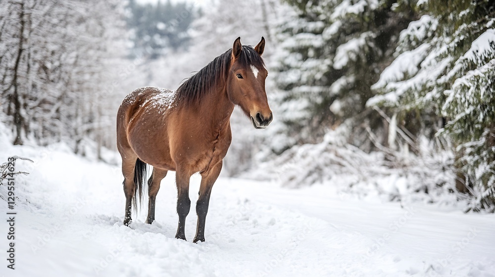 Majestic brown horse standing peacefully in a snowcovered forest path during winter : Generative AI Majestic brown horse standing peacefully in a snowcovered forest path during winter : Generative AI