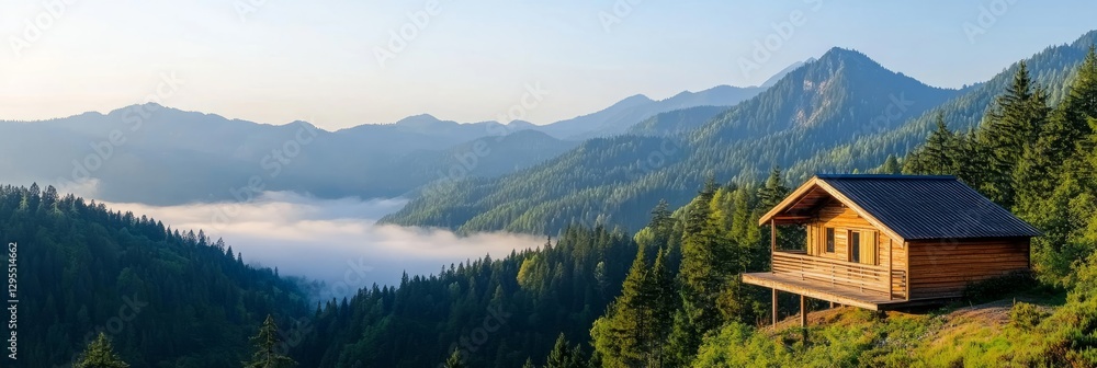 Fototapeta premium Serene Mountain Retreat with Wooden Cabin Overlooking Majestic Forest and Misty Valley at Sunrise in a Peaceful Natural Landscape