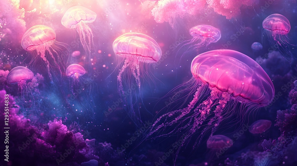 Naklejka premium A vibrant pink jellyfish drifting elegantly in an underwater ocean setting, showcasing marine beauty