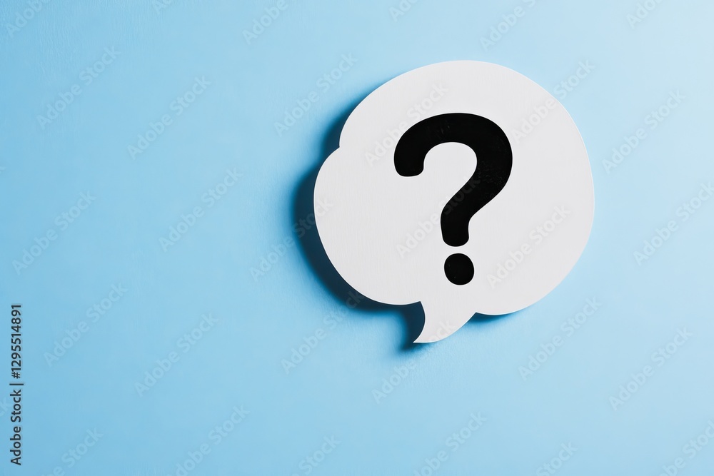 Minimalist question mark icon in a thought bubble on light blue background for concept design