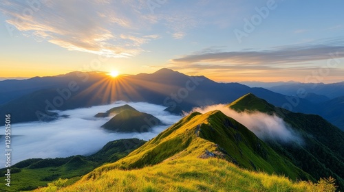 Breathtaking Sunrise Over Mountain Peaks with Misty Valleys and Vibrant Green Grass in a Serene Natural Landscape