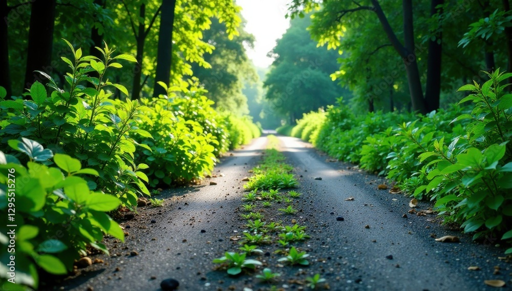 Fototapeta premium Overgrown vegetation on cracked asphalt , vegetation, asphalt, urban neglect