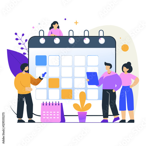 Young professionals in casual attire scheduling appointments in a modern office setting. Team collaborating around a large calendar with digital devices.