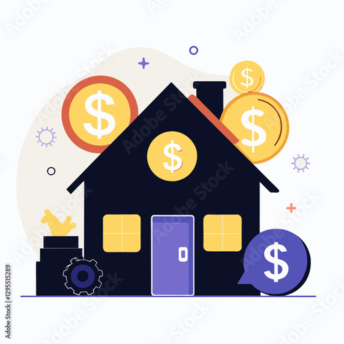 Financial home ownership concept with multiple dollar signs overlaid on a house graphic. Flat design with symbols and elements, depicting investment in real estate, no specific demographic.