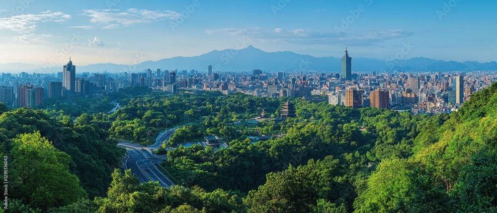 Obraz premium Verdant Taipei Panorama Capturing Cityscape Majesty with Lush Greenery and Distant Mountain Peaks Under Azure Sky Serenity from High Angle