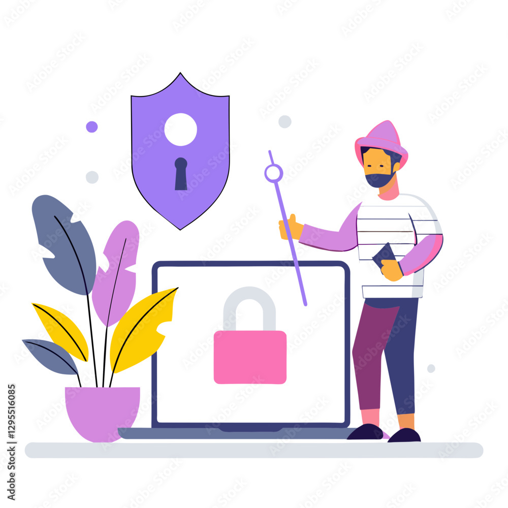 Fototapeta premium A man with a beard in a striped shirt and hat demonstrates computer security on a laptop. Protecting online data in a home office setting.