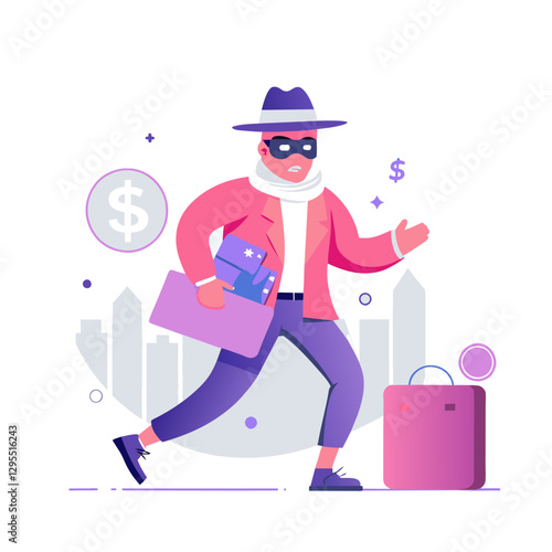 Male thief in a pink blazer and mask running with stolen money and a suitcase in a city setting. Thief in a hurry with illicit items. urban location.