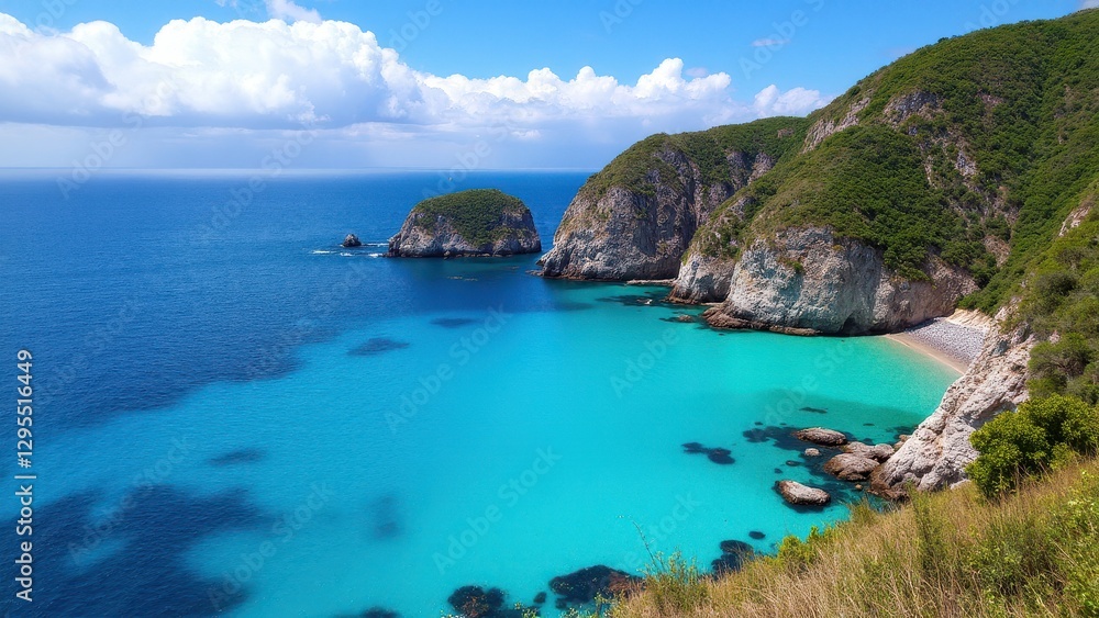 A stunning view of Six Mile Cove with turquoise waters, rocky cliffs, and lush greenery A stunning view of Six Mile Cove with turquoise waters, rocky cliffs, and lush greenery