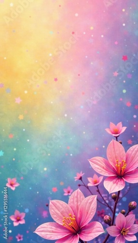 Pastel rainbow gradient background with abstract floral shapes, pink, flowers, fuzzy